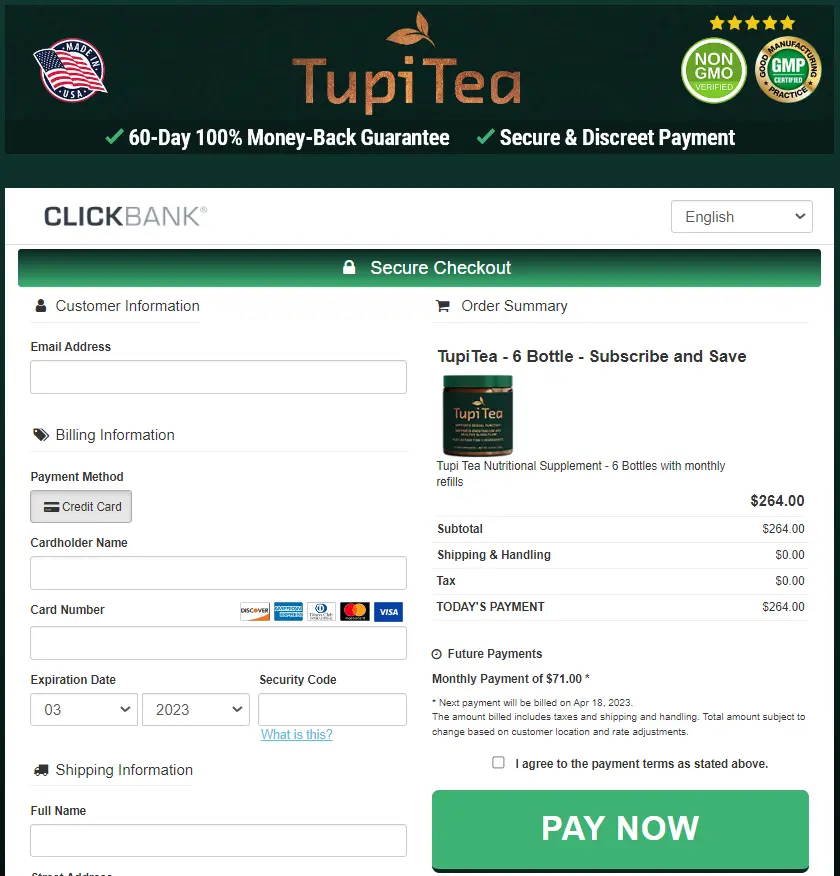 Tupi Tea order page